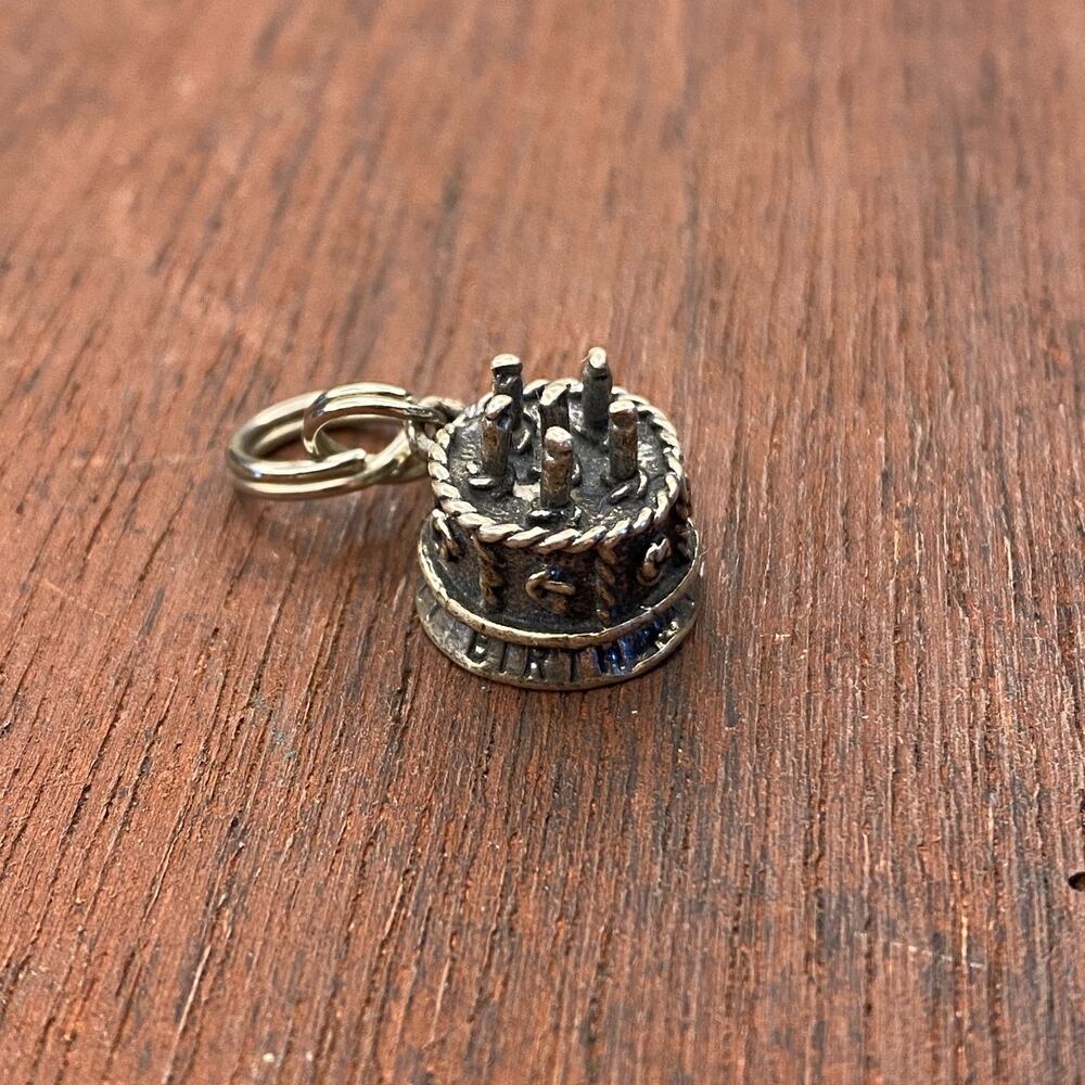 Vintage 925 Sterling Silver "Happy Birthday To You" Cake Large 3D Pendant Charm